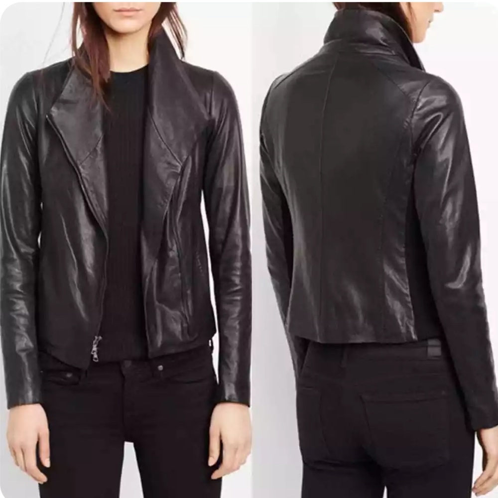 Vince Black Lambskin Leather Jacket Moto Zipped Mixed Media - Picture 1 of 8